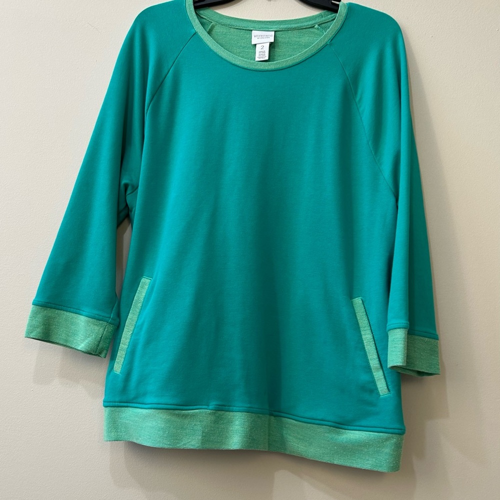 Weekends by Chico’s stylish aqua green, lightweight fleece pullover, sz 2/large - Picture 4 of 7
